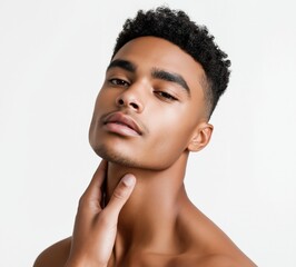 Model showcases smooth skin and confident expression in studio setting during photoshoot