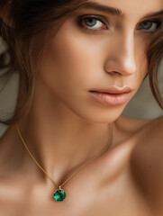 Close-up portrait of a female model with soft natural makeup, wearing an elegant golden necklace with a vibrant emerald gemstone