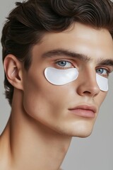 Young man applying under-eye patches for skincare during a beauty routine in a minimalist setting