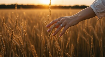 Golden Wheat Field Touched by a Hand in Sunset