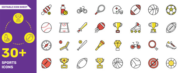 30+ Sports Icons – Editable Vector Set of Fitness, Outdoor Activities, and Game Equipment Symbols