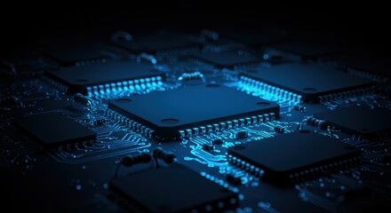 Illuminated Microprocessors in a Symmetrical Arrangement Against Dark Background