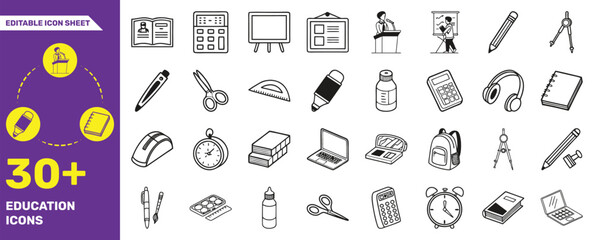 30+ Education Icons – Editable Vector Set of School, Learning, Science, and Classroom Symbols
