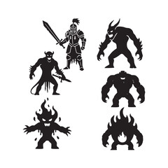 Fototapeta premium Black Silhouettes R P G Game Characters Knight Demons Fire Creatures vector icons set illustrations