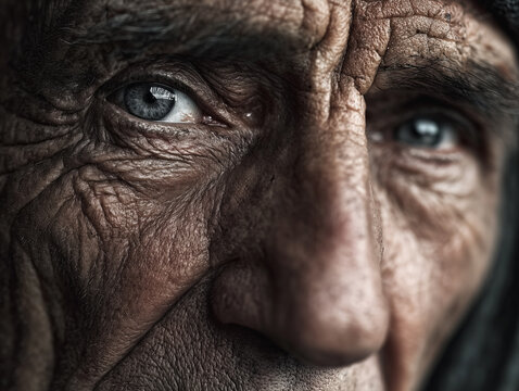 Close-up portrait of a serious, mature man with a beard and intense eyes