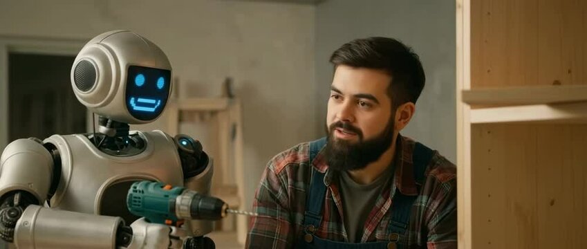 Collaborative robot and craftsman assembling furniture in workshop