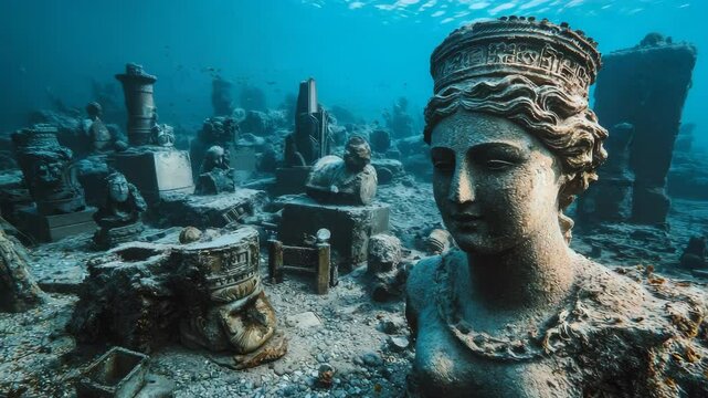 Ancient underwater ruins: submerged statue exploration in clear blue ocean depths