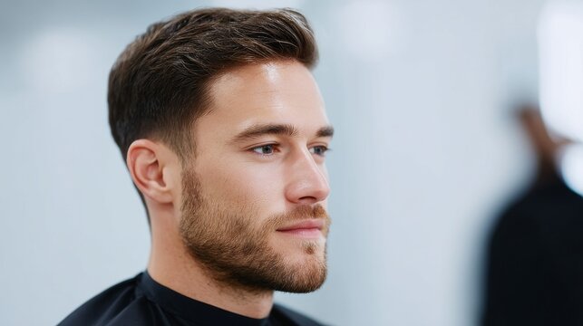 A focused young man with a stylish haircut sits in a barber chair. The modern salon reflects a calm and trendy atmosphere. Perfect for addressing fashion and grooming needs. AI
