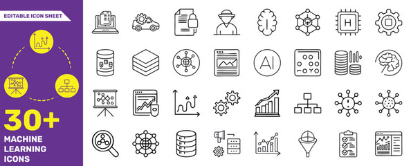 30+ Machine Learning Icons – AI, Big Data, Neural Networks, Analytics Line Icon Set
