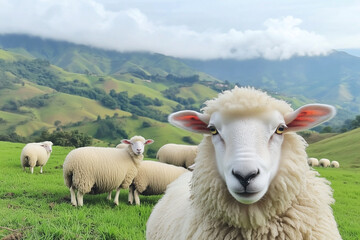 Sheep grazing on lush green hills under a cloudy sky