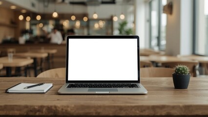 Laptop with blank screen on wooden table in modern cafe setting