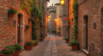 Fototapeta premium Picturesque Italian Village Street at Dusk with Flower Pots