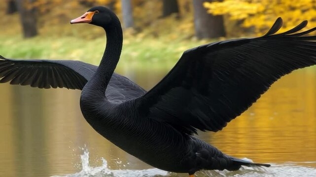 Black Swan Spreading Wings, Landing on Water with Autumnal Background