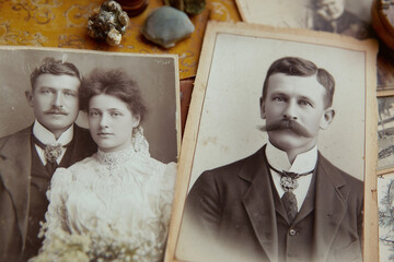 A collage of old family photos, including a wedding photo of the bride in her white dress
