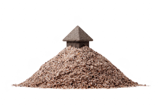 Small house made of sand sits atop mound of sand, symbolizing fragility and creativity. structure is simple yet intriguing, evoking sense of impermanence and artistic expression