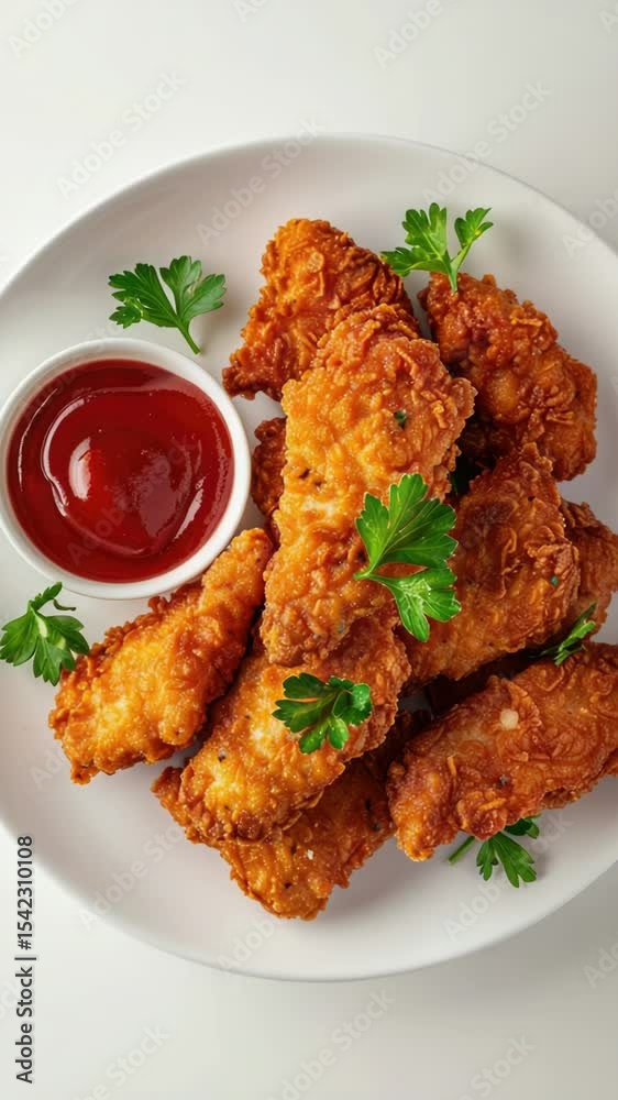 Poster a simple meal setup with crispy chicken nuggets on a white plate accompanied by a small bowl of ketc