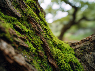 Fototapeta premium Old green moss on a tree trunk in the forest