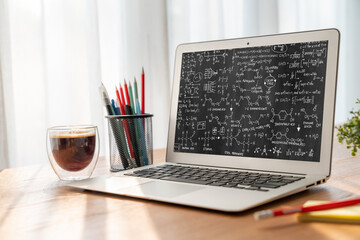 Mathematic equations and modish formula on computer screen showing concept of science and education