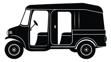 Obraz premium A black silhouette of a threewheeled auto rickshaw isolated on white background