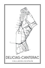 Hand drawn printable downtown road map poster of district DELICIAS-CANTERAC of the Spanish city of VALLADOLID on solid white background with city name