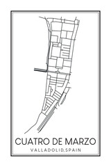 Hand drawn printable downtown road map poster of district CUATRO DE MARZO of the Spanish city of VALLADOLID on solid white background with city name