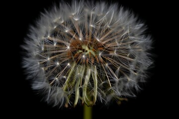 Fototapeta premium Delicate Dandelion Seed Head Closeup against Black Background Botanical Nature Photography showcasing intricate details of a fluffy dandelion seed head with delicate white seeds and brown center.
