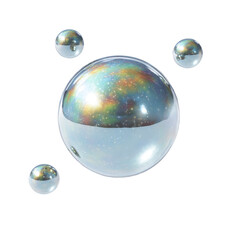 Cluster of iridescent soap bubbles floats against transparency background, displaying spectrum of colors and reflective surface. bubbles vary in size, creating whimsical and dreamy atmosphere