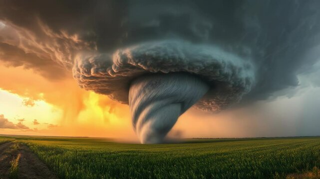 A large tornado cloud forms over a green field, with potential for severe weather