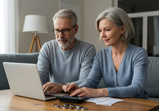 senior couple working on laptop