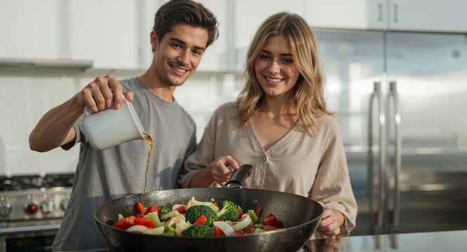 A couple cooking vegetables together in the kitchen with a pan and pouring some sauce into it - Powered by Adobe