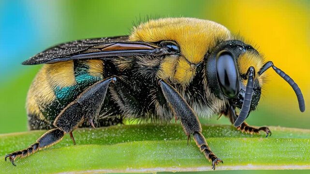 Extreme Macro of a Fuzzy Golden-Backed Bumble Bee Resting on a Green Leaf