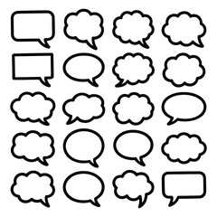 A collection of sixteen black and white speech bubbles in various shapes and sizes