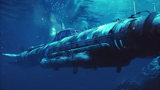 Large bathyscaphe floating in middle of deep ocean during exploration, abstract vivid composition consists of fictional unreal fantastic vision on background