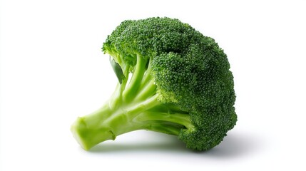 Fresh green broccoli standing on a white background. This image highlights the vibrant color and texture of broccoli. Ideal for cooking, nutrition or healthy eating themes. AI