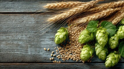 Hops, barley, and wheat are artistically arranged on a rustic wooden table, showcasing the core ingredients for beer brewing. The natural textures add warmth and authenticity to the composition.