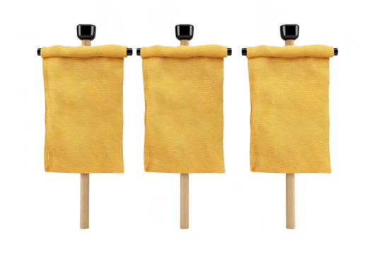 Three yellow fabric scrolls with wooden handles are displayed vertically, each featuring rolled top. scrolls are evenly spaced, creating balanced and symmetrical arrangement