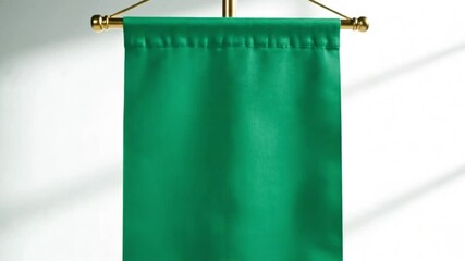 Vertical green banner with elegant gold pole, perfect for product promotion, logo placement, or luxury branding displays. Clean, bold, and visually striking for premium presentations.