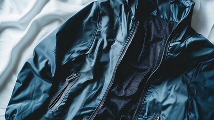 Close-up of a dark teal blue jacket.