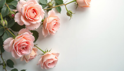 Pink roses on a white background with copy space for text