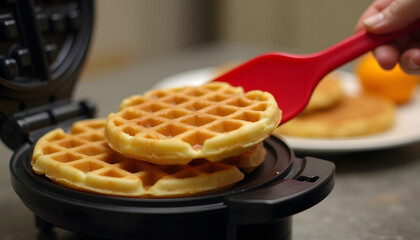 Freshly made waffles are lifted from a waffle iron with a red spatula.