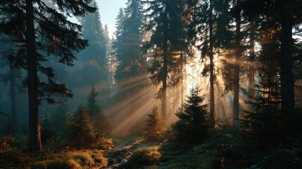 Sunlight breaks through the dense canopy of tall pine trees, casting soft rays onto the forest floor in the early morning light. The peaceful atmosphere is enhanced by mist.