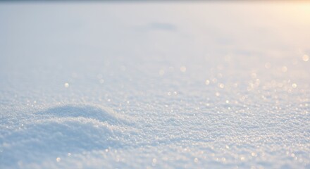 A close-up view of pristine snow, illuminated by soft sunlight, creating a shimmering effect