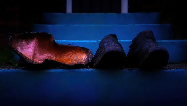 Worn boots on blue steps at night