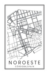 Hand drawn printable downtown road map poster of district NOROESTE of the Spanish city of CÓRDOBA on solid white background with city name