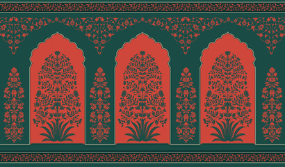 Traditional Mughal Floral Wall Motif Illustration. Decorative Mughal Flower Pattern for Classic Wall Painting. Antique Indian Mughal Floral Wall Art.