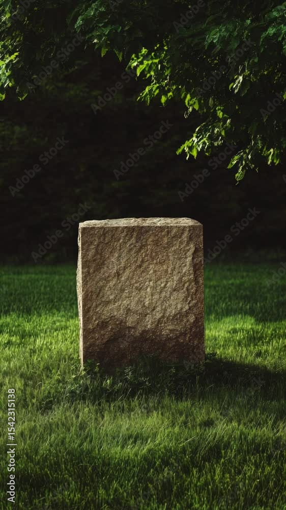 Aufkleber a large stone sits in the middle of an open field, surrounded by green grass and possibly some small