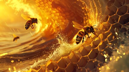 Honeybees in a golden honeycomb wave.
