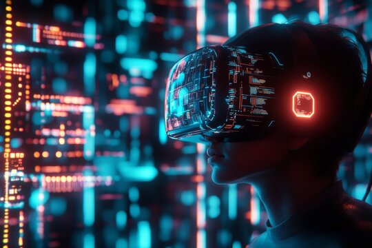 Person wearing VR headset experiencing virtual reality with futuristic neon glowing background.