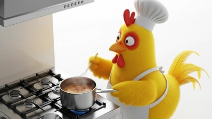 3D animated chicken cooking in the kitchen with fun and playful motion. Perfect for food commercials, kids’ content, and promotional videos with a humorous or creative theme.

