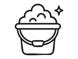 Fototapeta premium Black outline of cleaning tool icon featuring a soapy bucket, isolated on white background, graphic illustration. concept of cleaning, washing, sanitation, icon, design element.